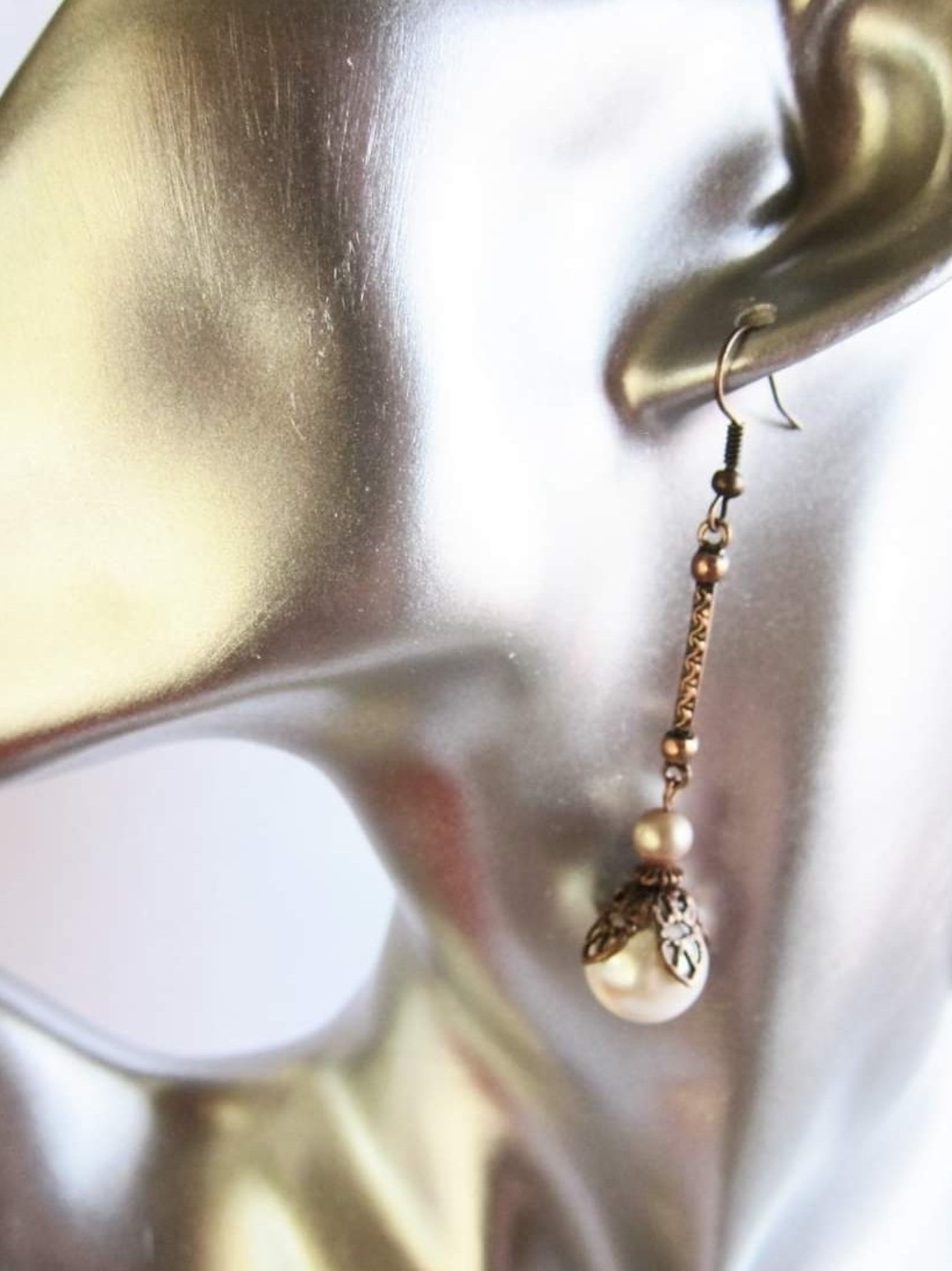 Handcrafted Vintage Victorian Style Antiqued Copper Pearl Drangle Earrings
